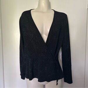 Marina Luna Black Sparkle Long Sleeve Peplum Bottom Wrap Top